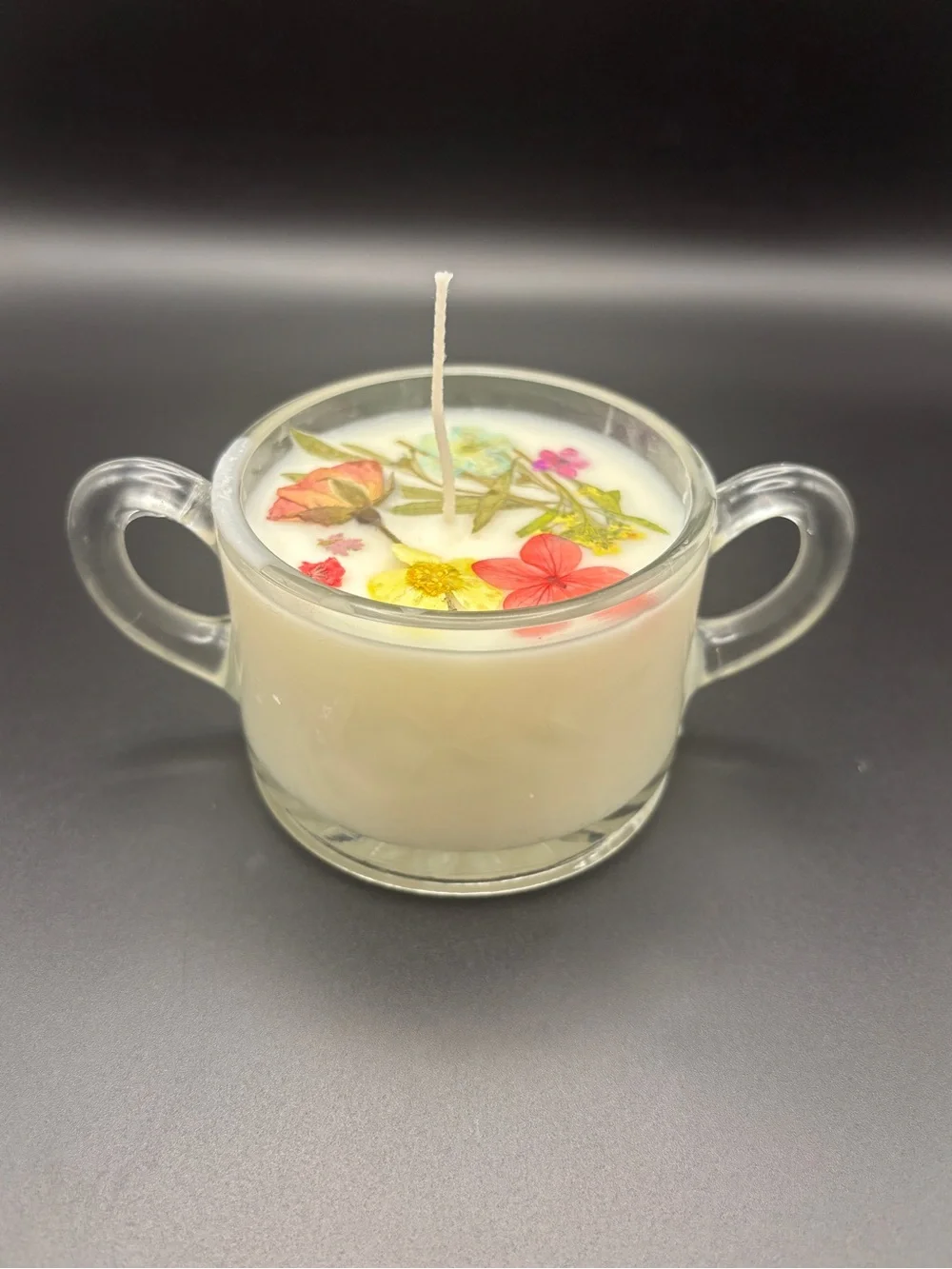 Handmade White Floral Soy Candle in Clear Glass Double-Handled Cup